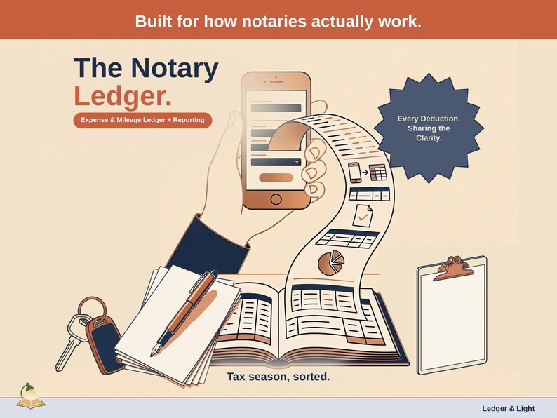 Title slide for the Notary Ledger — “Expense & Mileage Ledger + Reporting” set over illustrated notary objects on a desk. Expenses, mileage, and tax-ready reporting — with the categories you actually use.