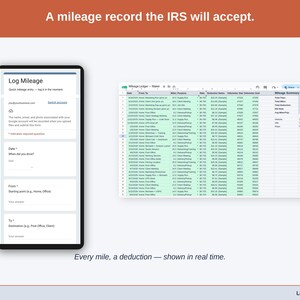 The Mileage Log tab — date, purpose, start and end odometer, miles, and the deduction at the IRS standard rate, calculated per trip. A maker driving record built to be accepted.