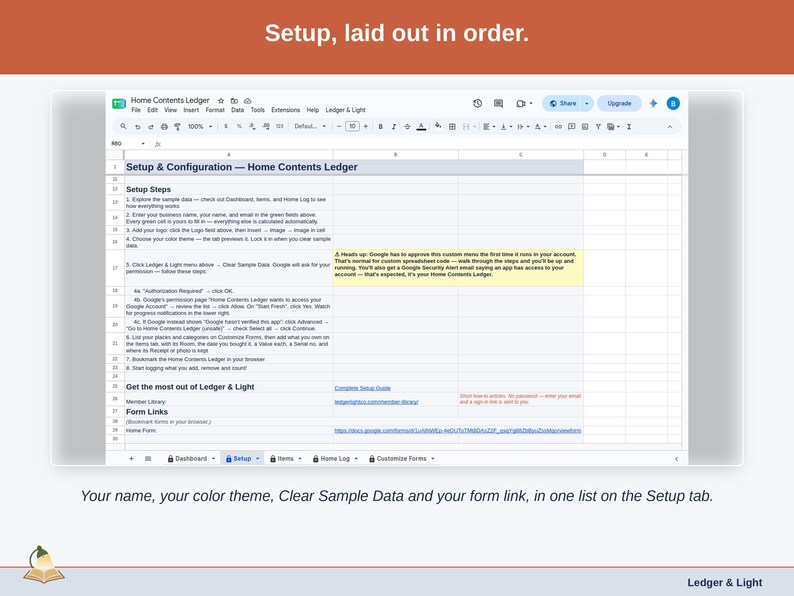 The Setup tab: your name, color theme, Clear Sample Data and the form link in one list.