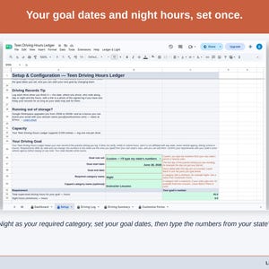 The Setup tab’s driving goal: your goal dates, Night named as the required category, and a number typed beside each requirement.