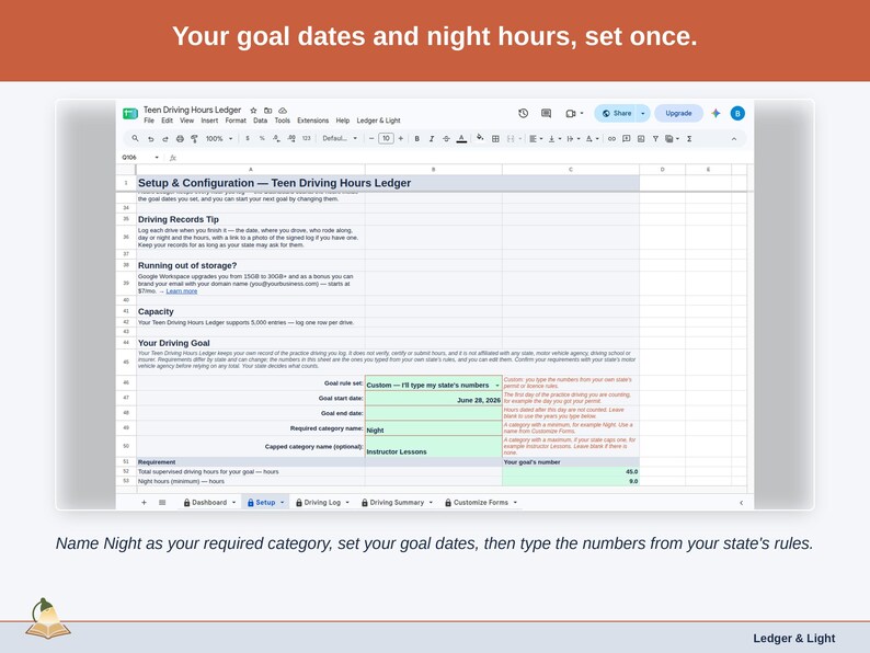 The Setup tab’s driving goal: your goal dates, Night named as the required category, and a number typed beside each requirement.