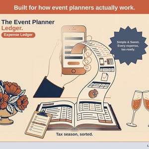 Title slide for the Event Planner Ledger — “Expense Ledger” set over illustrated event planner objects on a desk. Expenses, mileage, and tax-ready reporting — with the categories you actually use.