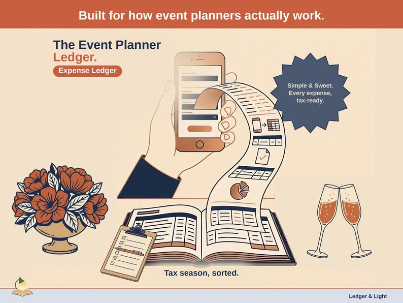 Title slide for the Event Planner Ledger — “Expense Ledger” set over illustrated event planner objects on a desk. Expenses, mileage, and tax-ready reporting — with the categories you actually use.