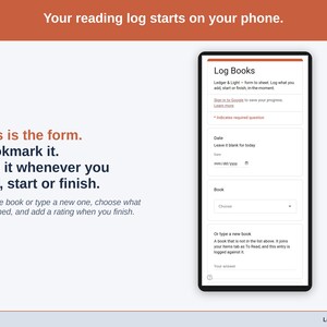 The Log Books form on a phone: date, book, what happened (Added, Started or Finished), amount, a rating and a note.