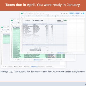 Two exported cards side by side — Tax Summary and Transactions — sent from the Expense & Mileage Ledger’s custom Ledger & Light menu. A event planner year, ready to hand over.