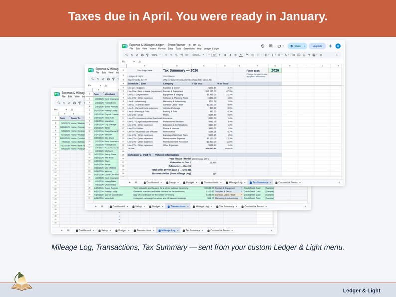 Two exported cards side by side — Tax Summary and Transactions — sent from the Expense & Mileage Ledger’s custom Ledger & Light menu. A event planner year, ready to hand over.