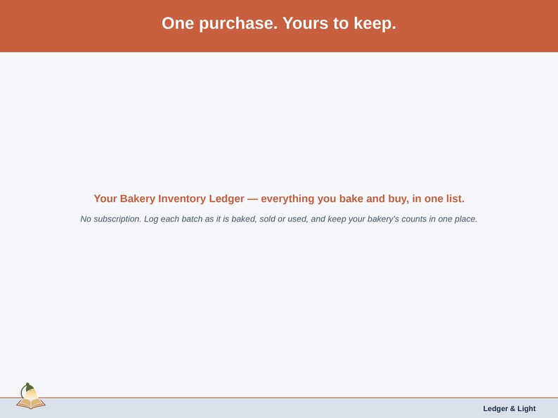 Closing slide for the Bakery Inventory Ledger — one purchase, everything you bake and buy in one list.