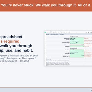 The Expense & Mileage Ledger + Reporting’s Setup tab on a laptop, walking a notary owner through first-time setup step by step. A setup guide, a workflow card, and an email walkthrough. Set it up once. Then log each expense in the moment — for good.