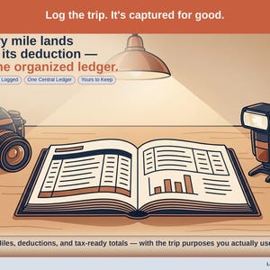 Closing slide, captioned every mile logged, one central ledger, yours to keep. Every photographer expense lands with its receipt attached, in one ledger that stays in your own Drive.