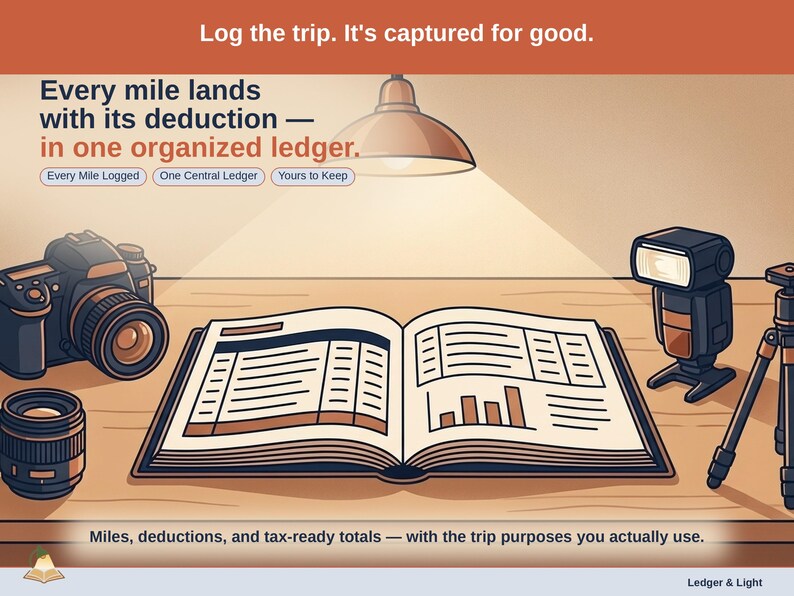 Closing slide, captioned every mile logged, one central ledger, yours to keep. Every photographer expense lands with its receipt attached, in one ledger that stays in your own Drive.