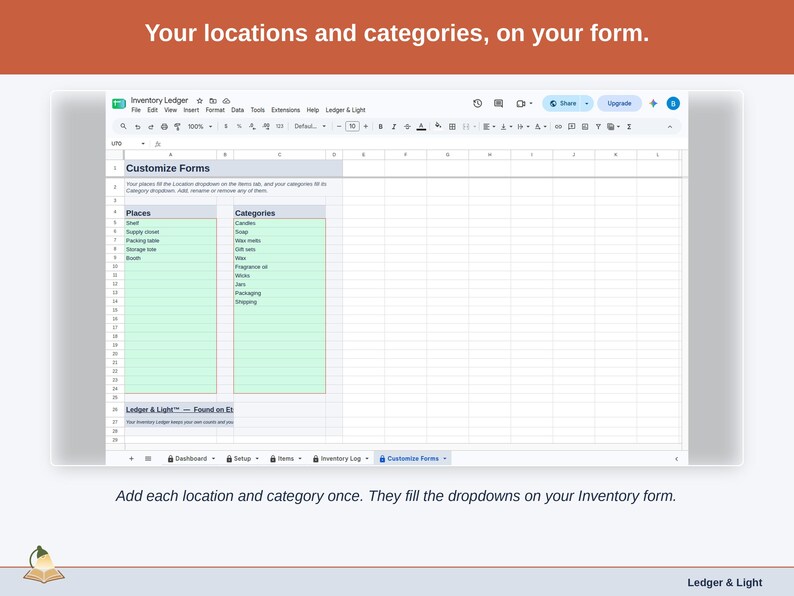 The Customize Forms tab: your locations and categories, which fill the dropdowns on the Inventory form.