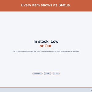 A statement slide on Status: In stock, Low or Out, each worked out from On Hand and Reorder at.