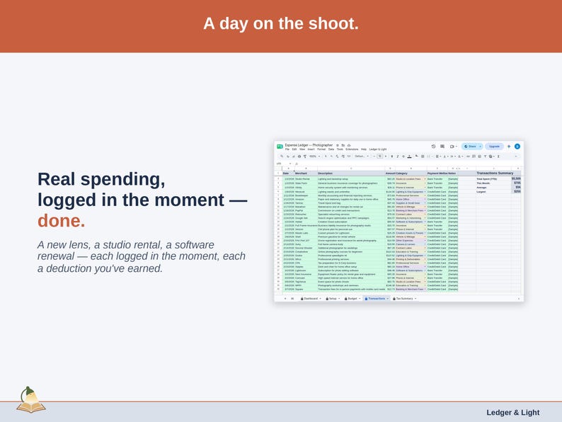 The Transactions tab showing one real day of photographer spending — a new lens, a studio rental, a software renewal — each logged in the moment, each a deduction you’ve earned.
