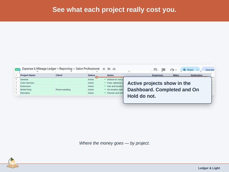 The Projects tab, costs grouped the way a salon professional business actually divides its work. by service line, event booking, or certification