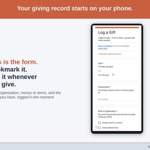The Log a Gift form on a phone: date, organization, kind of organization, money or items, and the record you have.