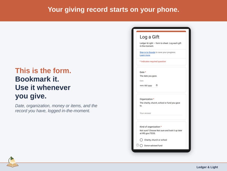The Log a Gift form on a phone: date, organization, kind of organization, money or items, and the record you have.