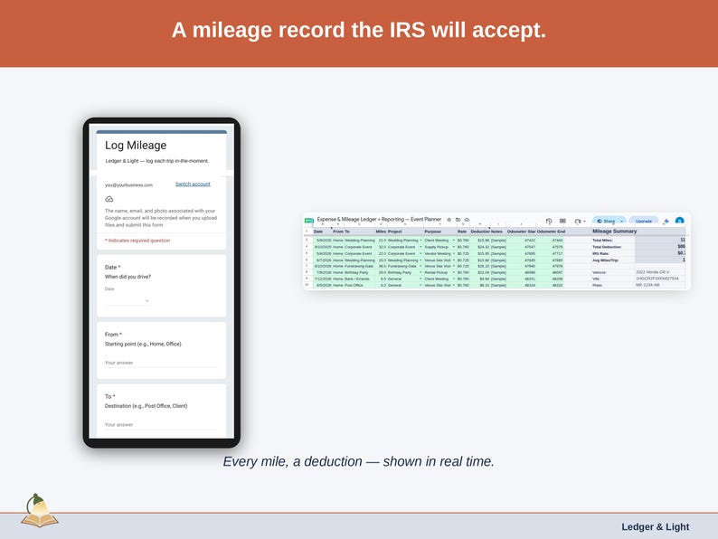 The Mileage Log tab — date, purpose, start and end odometer, miles, and the deduction at the IRS standard rate, calculated per trip. A event planner driving record built to be accepted.