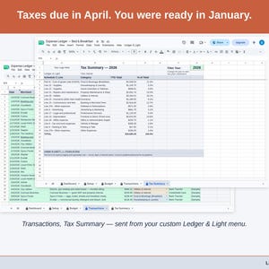 Two exported cards side by side — Tax Summary and Transactions — sent from the Expense Ledger’s custom Ledger & Light menu. A bed & breakfast year, ready to hand over.