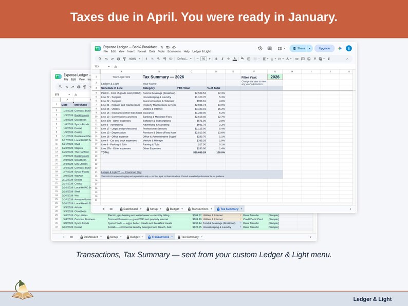 Two exported cards side by side — Tax Summary and Transactions — sent from the Expense Ledger’s custom Ledger & Light menu. A bed & breakfast year, ready to hand over.