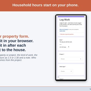 The Log Work form on a phone: date, project, work type, hours as 1.5 or 1:30, and a note.