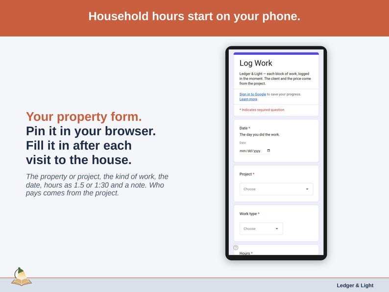 The Log Work form on a phone: date, project, work type, hours as 1.5 or 1:30, and a note.