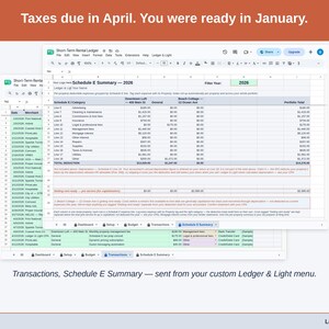 Two exported cards side by side — Tax Summary and Transactions — sent from the Expense Ledger’s custom Ledger & Light menu. A short-term rental year, ready to hand over.