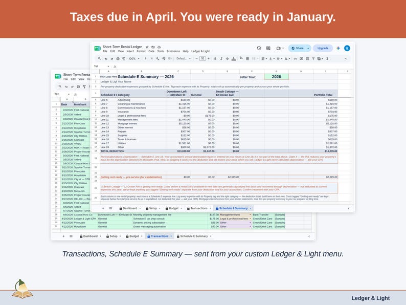 Two exported cards side by side — Tax Summary and Transactions — sent from the Expense Ledger’s custom Ledger & Light menu. A short-term rental year, ready to hand over.
