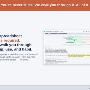 The Expense Ledger’s Setup tab on a laptop, walking a bed & breakfast owner through first-time setup step by step. A setup guide, a workflow card, and an email walkthrough. Set it up once. Then log each expense in the moment — for good.