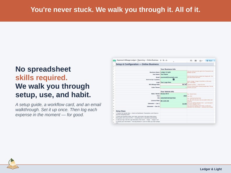 The Expense & Mileage Ledger + Reporting’s Setup tab on a laptop, walking a online business owner through first-time setup step by step. A setup guide, a workflow card, and an email walkthrough. Set it up once. Then log each expense in the moment — for good.