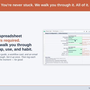 The Mileage Ledger’s Setup tab on a laptop, walking a notary owner through first-time setup step by step. A setup guide, a workflow card, and an email walkthrough. Set it up once. Then log each trip in the moment — for good.