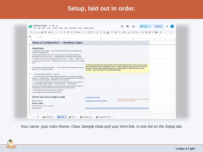 The Setup tab: your name, color theme, Clear Sample Data and the form link in one list.