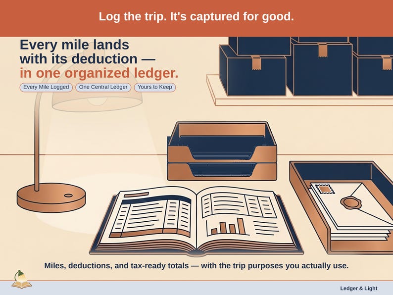 Closing slide, captioned every mile logged, one central ledger, yours to keep. Every maker expense lands with its receipt attached, in one ledger that stays in your own Drive.