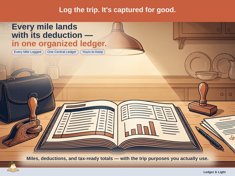 Closing slide, captioned every mile logged, one central ledger, yours to keep. Every notary expense lands with its receipt attached, in one ledger that stays in your own Drive.