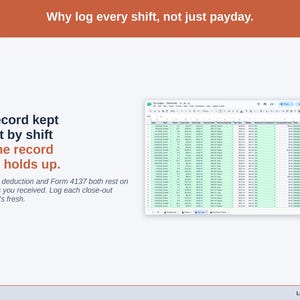 A statement slide over the Tip Log: a record kept shift by shift is the record that holds up, because the tip deduction and Form 4137 rest on the tips you received.