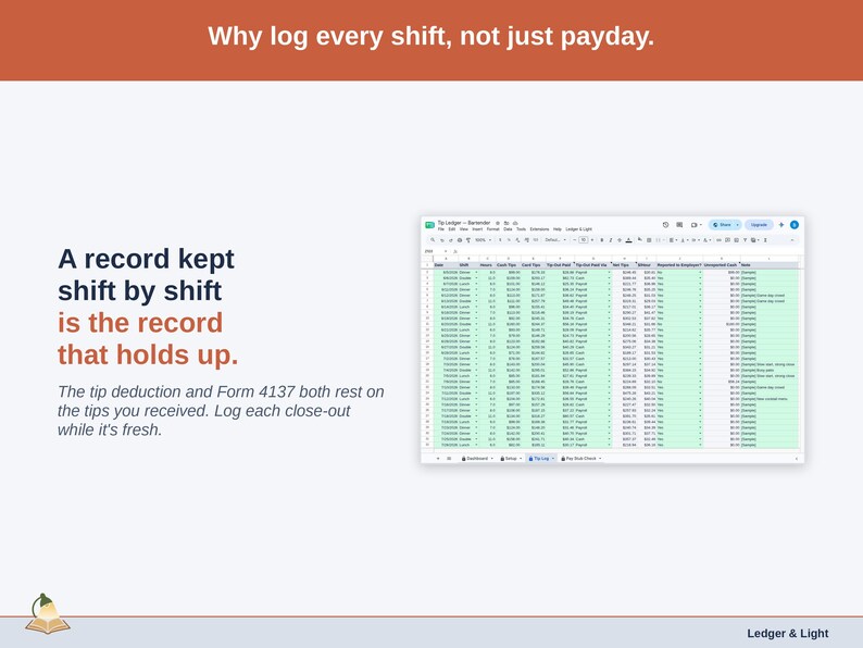 A statement slide over the Tip Log: a record kept shift by shift is the record that holds up, because the tip deduction and Form 4137 rest on the tips you received.