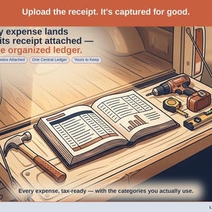 Closing slide, captioned receipt photos attached, one central ledger, yours to keep. Every contractor expense lands with its receipt attached, in one ledger that stays in your own Drive.