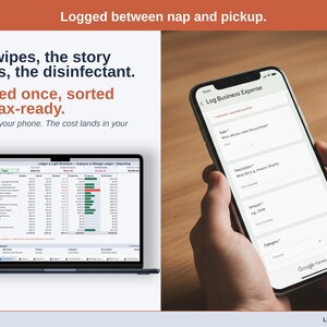 A laptop open to the Dashboard of a child care Expense & Mileage Ledger + Reporting in Google Sheets, with the headline “The wipes, the story books, the disinfectant. Logged once, sorted and tax-ready”. A form on your phone. The cost lands in your sheet.