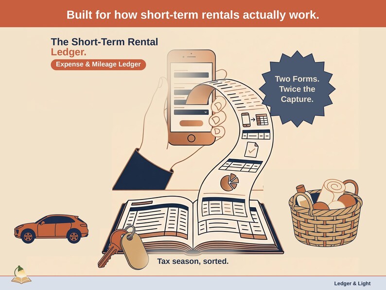 Title slide for the Short-Term Rental Ledger — “Expense & Mileage Ledger” set over illustrated short-term rental objects on a desk. Expenses, mileage, and tax-ready reporting — with the categories you actually use.