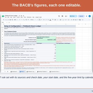 The Setup tab’s fieldwork rules: the 2027 rule set with its sources and check date, your start date, the five-year limit, and a Your target column beside each BACB figure.