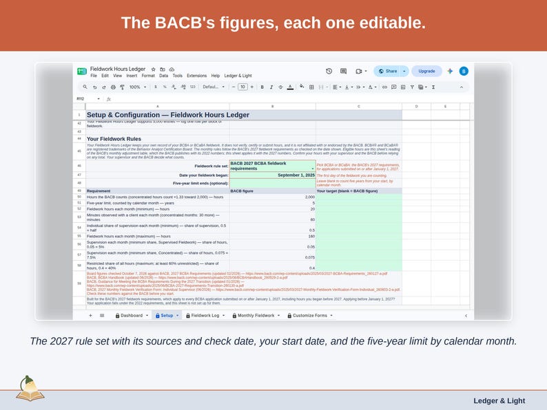 The Setup tab’s fieldwork rules: the 2027 rule set with its sources and check date, your start date, the five-year limit, and a Your target column beside each BACB figure.