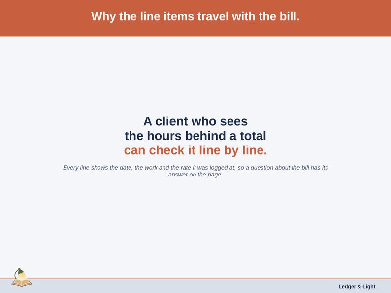 A statement slide: why the line items travel with the bill — a client who sees the hours behind a total can check it line by line.