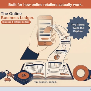 Title slide for the Online Business Ledger — “Expense & Mileage Ledger” set over illustrated online business objects on a desk. Expenses, mileage, and tax-ready reporting — with the categories you actually use.