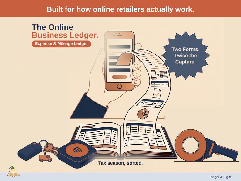 Title slide for the Online Business Ledger — “Expense & Mileage Ledger” set over illustrated online business objects on a desk. Expenses, mileage, and tax-ready reporting — with the categories you actually use.