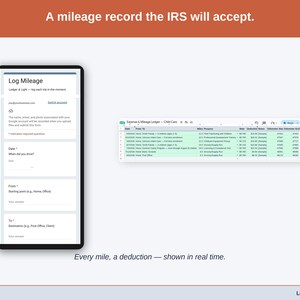The Mileage Log tab — date, purpose, start and end odometer, miles, and the deduction at the IRS standard rate, calculated per trip. A child care driving record built to be accepted.