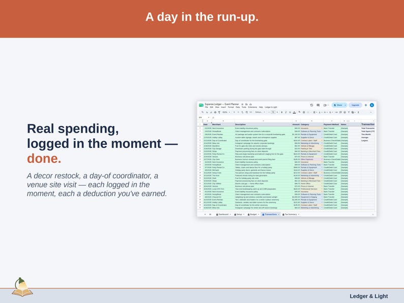 The Transactions tab showing one real day of event planner spending — a decor restock, a day-of coordinator, a venue site visit — each logged in the moment, each a deduction you’ve earned.