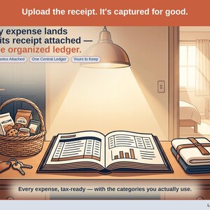 Closing slide, captioned receipt photos attached, one central ledger, yours to keep. Every short-term rental expense lands with its receipt attached, in one ledger that stays in your own Drive.
