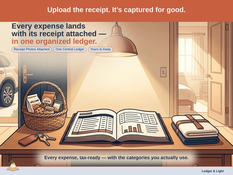Closing slide, captioned receipt photos attached, one central ledger, yours to keep. Every short-term rental expense lands with its receipt attached, in one ledger that stays in your own Drive.