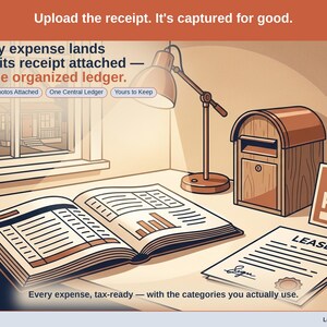 Closing slide, captioned receipt photos attached, one central ledger, yours to keep. Every long-term rental expense lands with its receipt attached, in one ledger that stays in your own Drive.