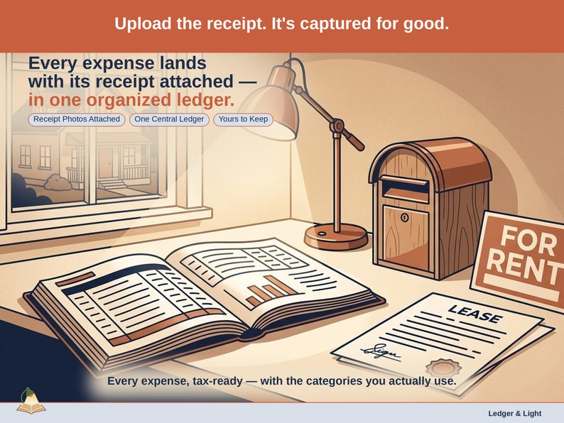 Closing slide, captioned receipt photos attached, one central ledger, yours to keep. Every long-term rental expense lands with its receipt attached, in one ledger that stays in your own Drive.