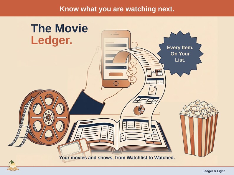 Title slide for the Movie Ledger - a film reel, a popcorn tub and two cinema tickets around an open ledger, with a phone feeding it: your movies and shows, from Watchlist to Watched.